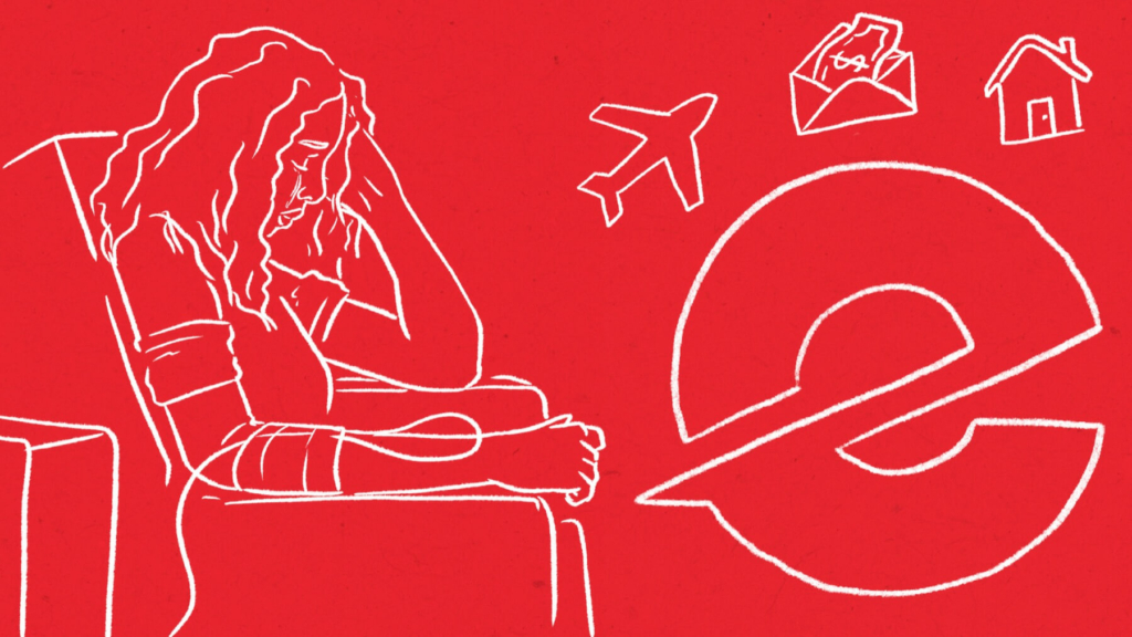 Drawing of a woman sitting in a chair with drawings of the Elligo E logo, and airplane, and envelope with money in it and a house