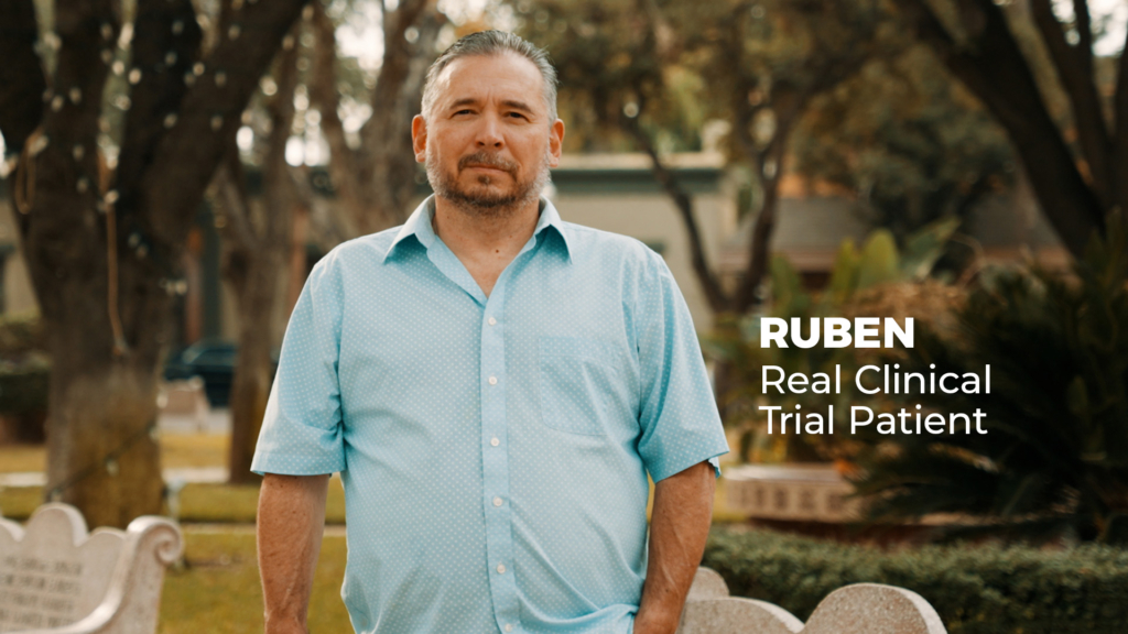 Man standing with text that says Ruben real clinical trial patient